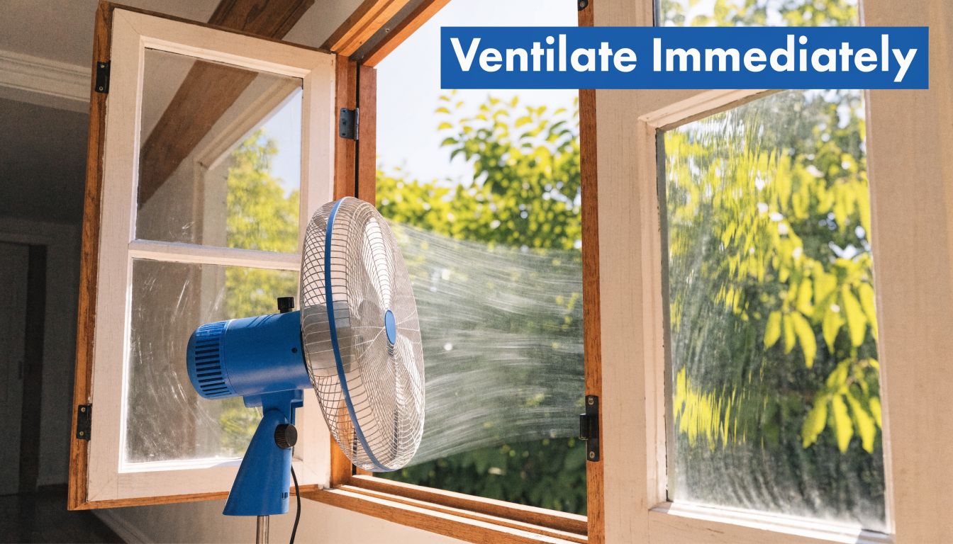 A blue electric fan placed in an open window to ventilate and refresh the room air.