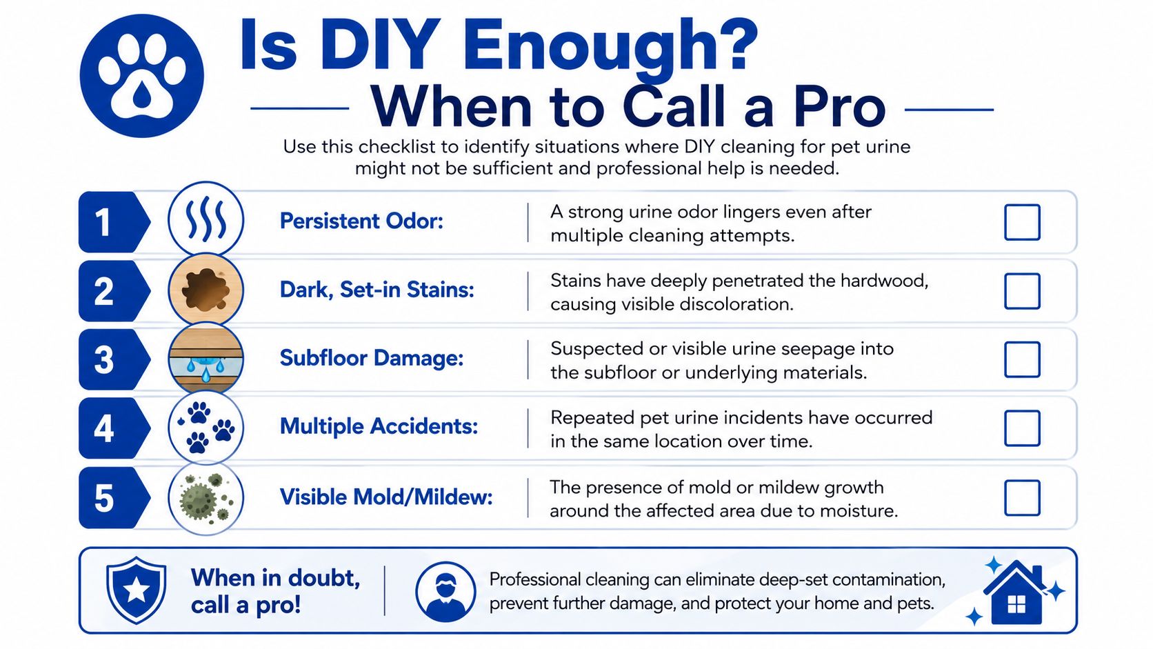 A checklist infographic titled Is DIY Enough identifying five signs when pet urine requires professional cleaning services.