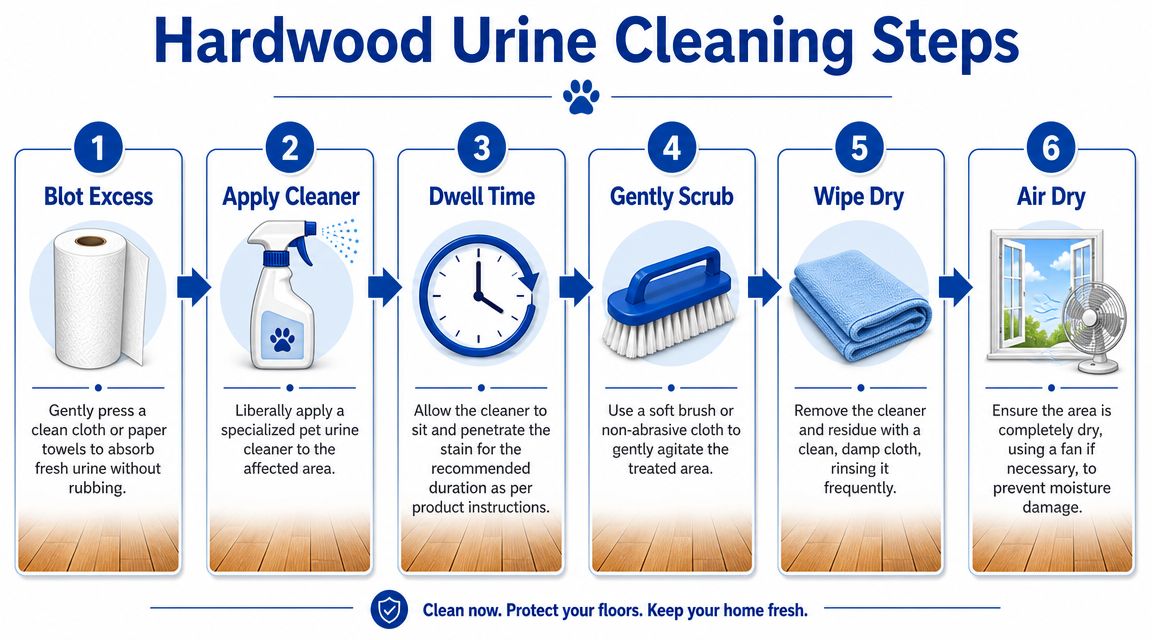A step-by-step infographic illustrating how to clean pet urine from hardwood floors using six simple cleaning steps.