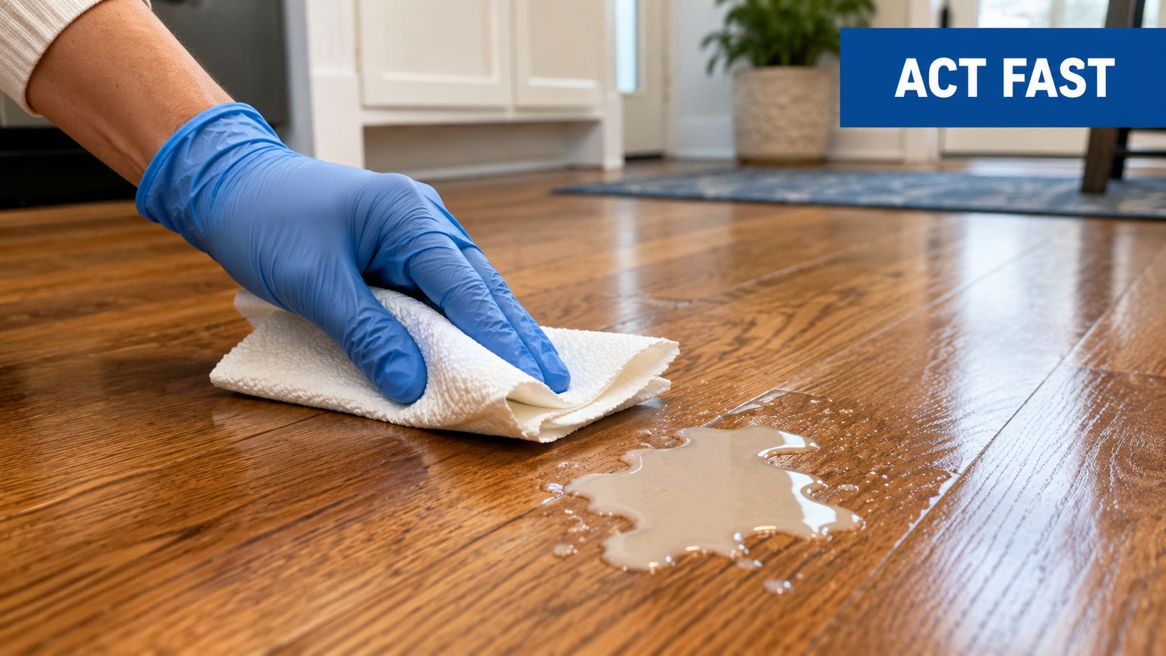 A hand wearing a blue protective glove wiping a pet urine spill on a hardwood floor.