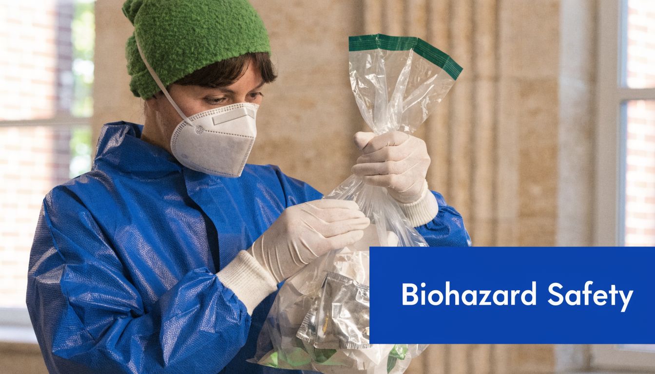 A professional in protective gear and a face mask safely handling a biohazard waste disposal bag.