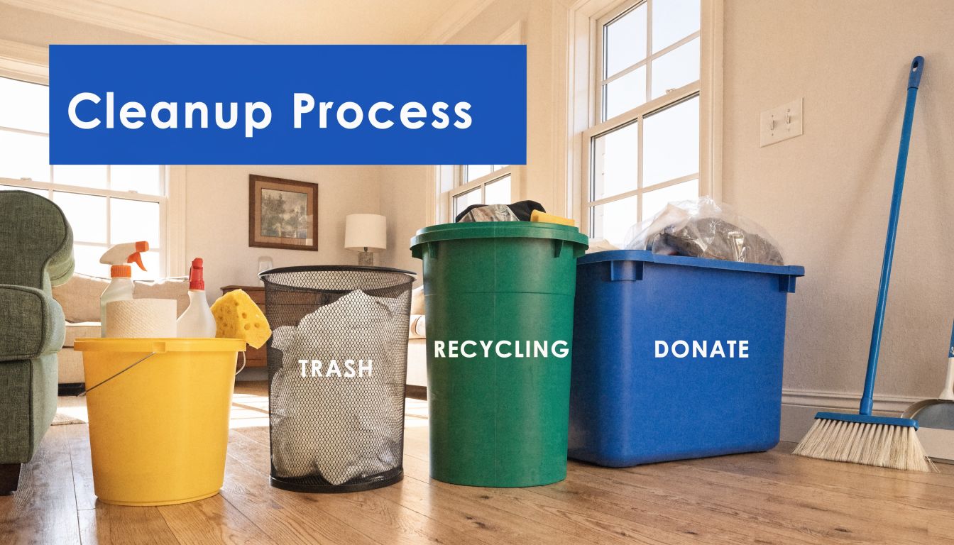 A room with a yellow cleaning bucket, trash can, recycling bin, donation bin, and a broom.