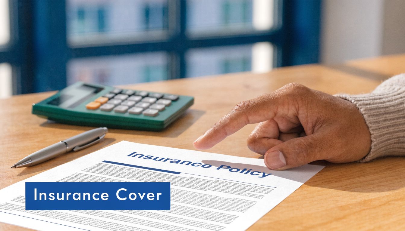 A close-up of a hand resting on an insurance policy document near a calculator and pen.