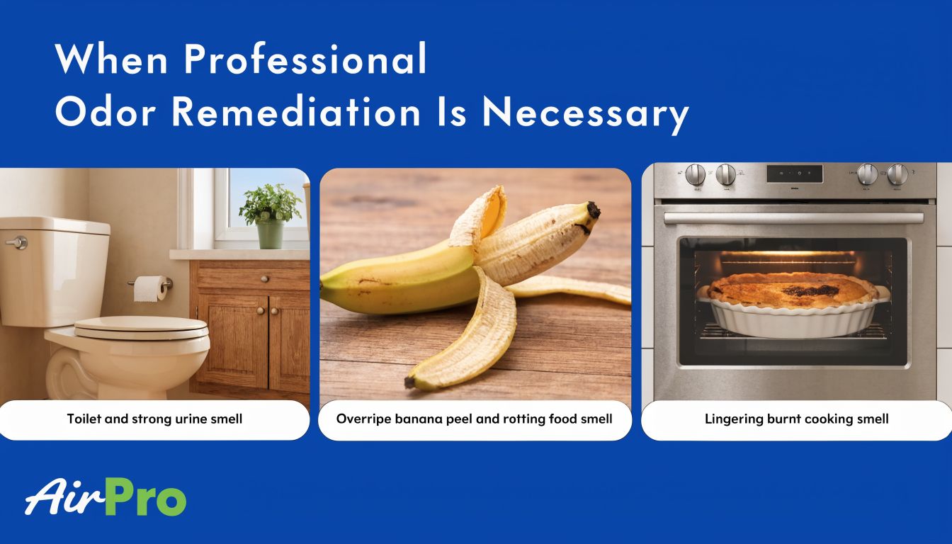 A graphic illustration detailing three common household sources of odors that require professional remediation services.
