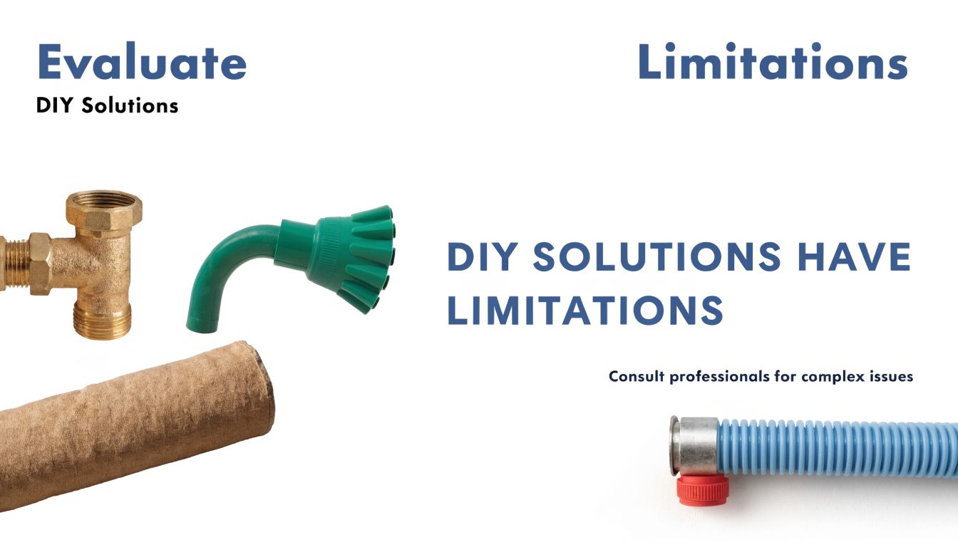 Plumbing tools and pipes on a white background with a warning about DIY project limitations.