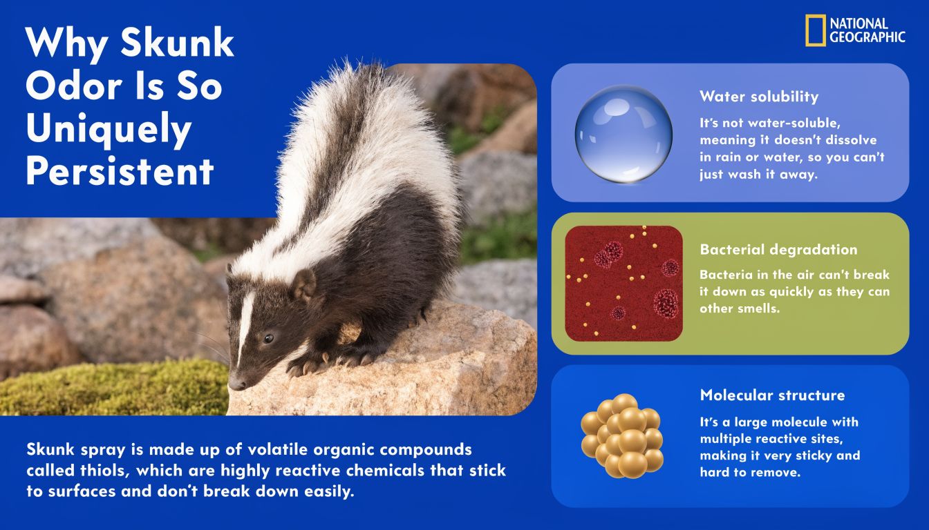 An infographic explaining the scientific reasons behind the persistent, sticky nature of skunk spray odor.