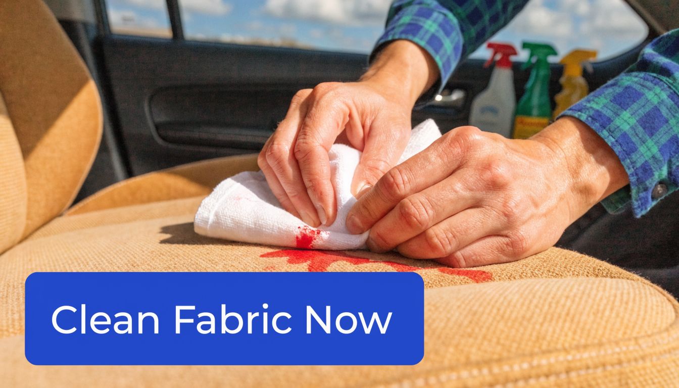 A person using a white cloth to clean a red blood stain from a tan car seat.