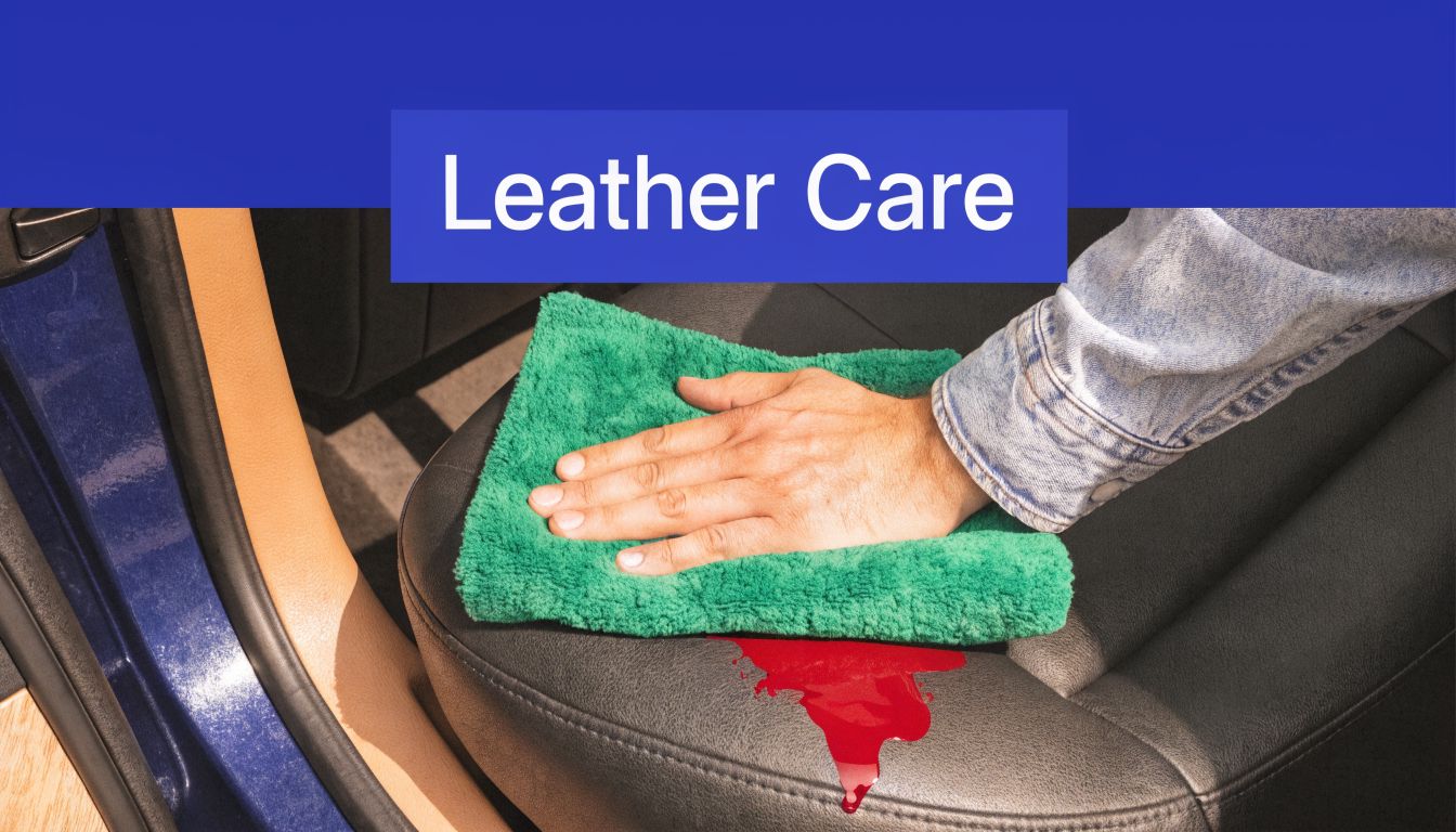 A person using a green microfiber cloth to clean a blood stain from a black leather car seat.