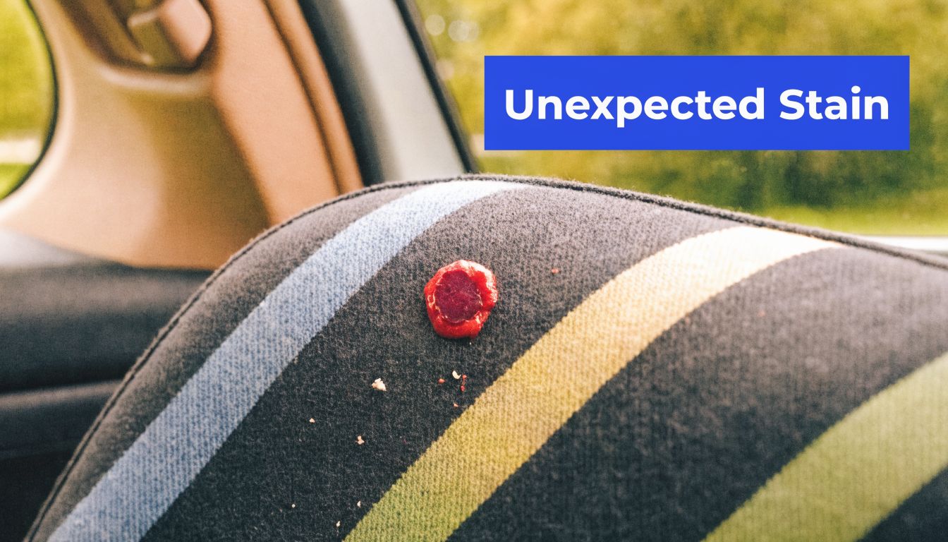 A close-up view of a red sticky stain on a car seat upholstery fabric surface.