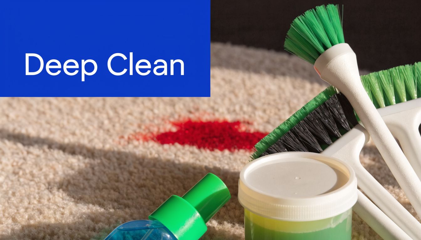 Cleaning tools and supplies placed on a carpet with a red bloodstain that needs cleaning.