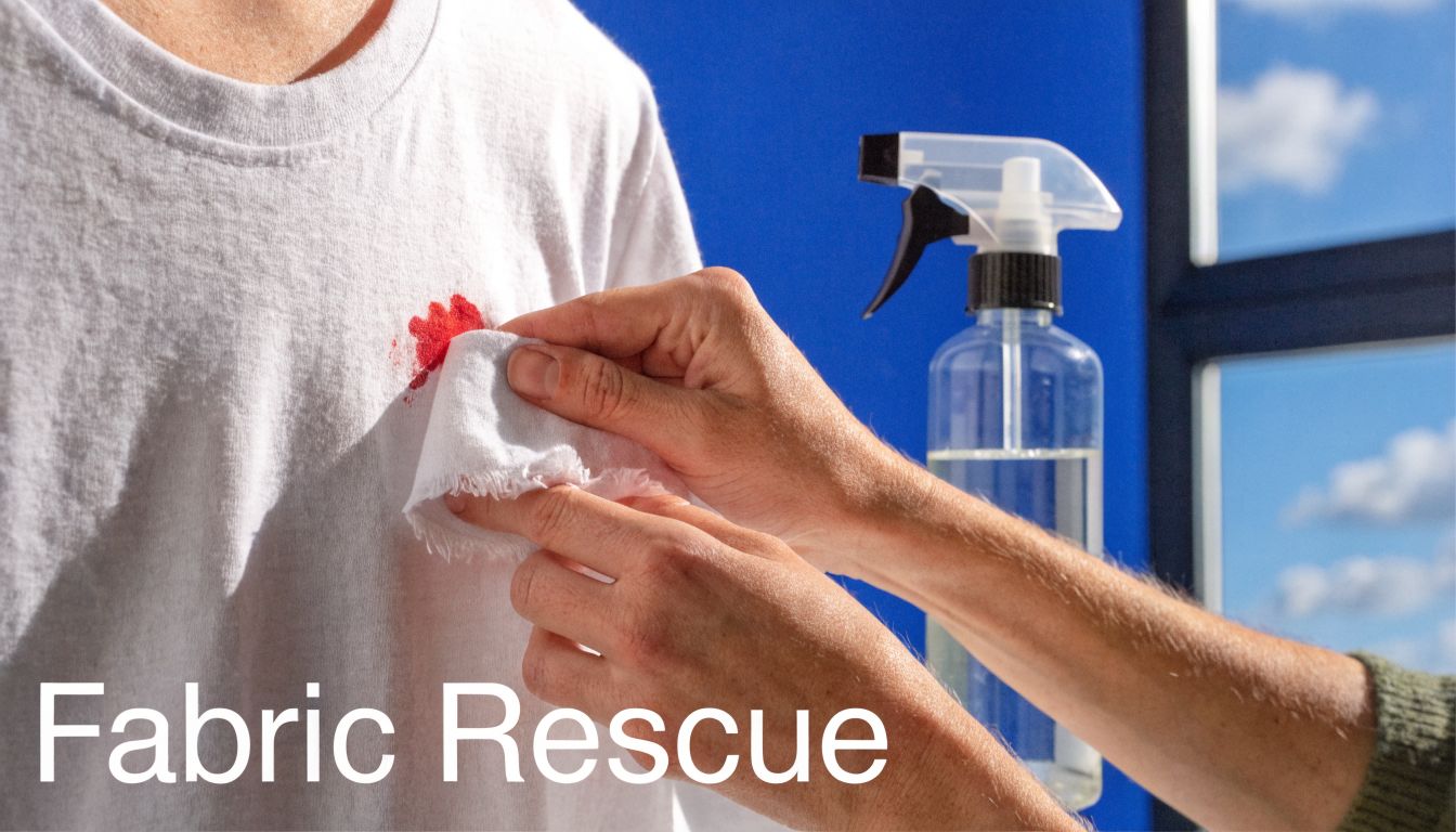 A person using a clean cloth and cleaning spray to remove a blood stain from white clothing.