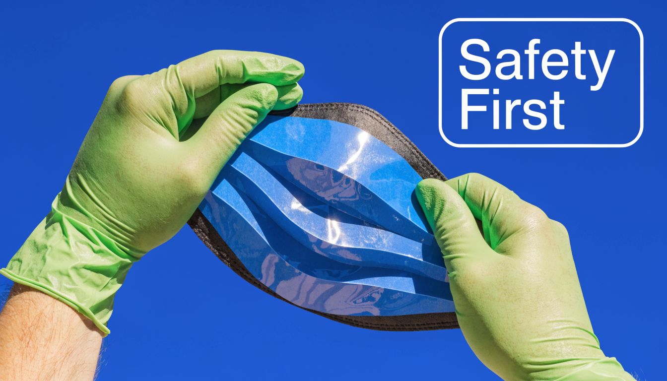 A person wearing green latex gloves holds a blue and black face mask against a clear blue sky.