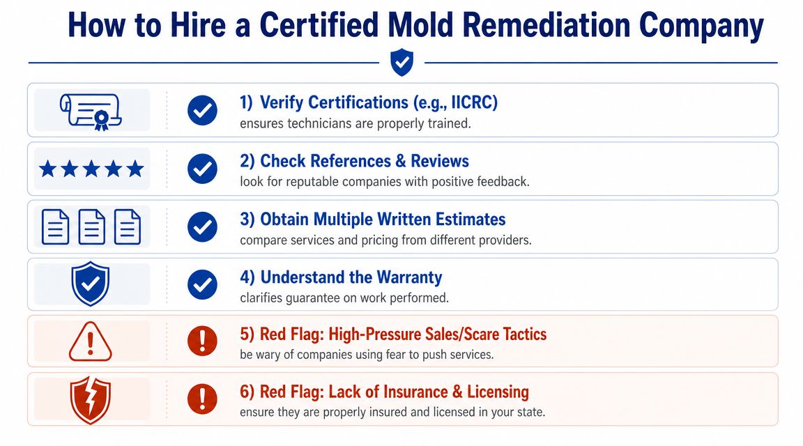 A checklist infographic titled How to Hire a Certified Mold Remediation Company with six essential steps.