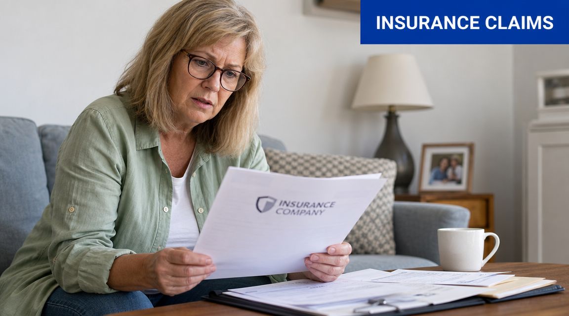A worried middle-aged woman sitting on a couch examining official insurance claim documents at home.