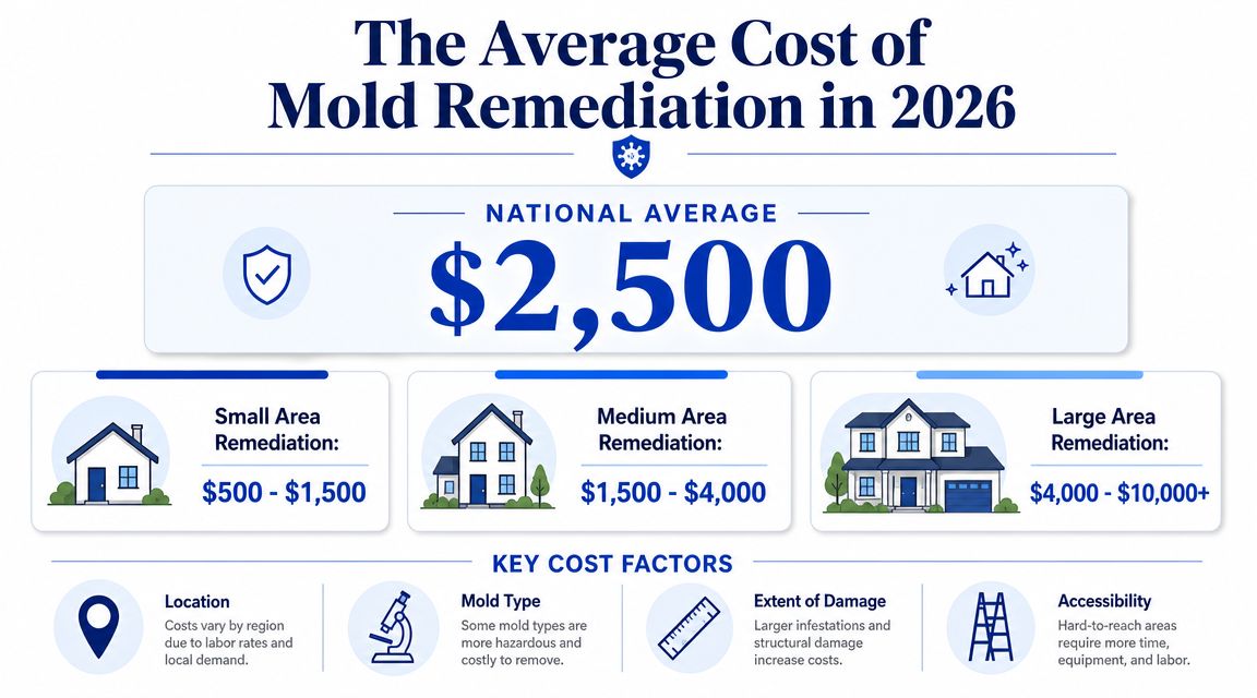 An infographic showing that the national average cost of mold remediation in 2026 is $2,500.