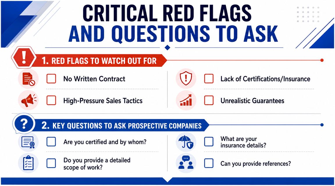 A checklist infographic titled Critical Red Flags and Questions to Ask when hiring service companies.