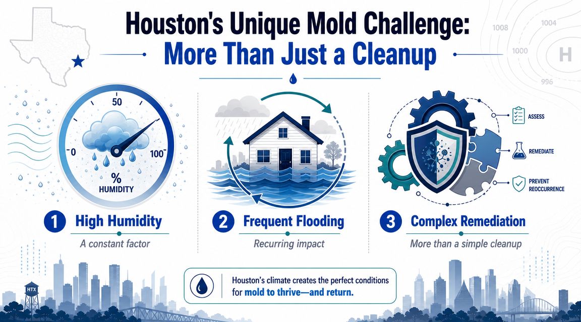 An infographic detailing why Houston faces recurring mold challenges due to high humidity and frequent flooding events.