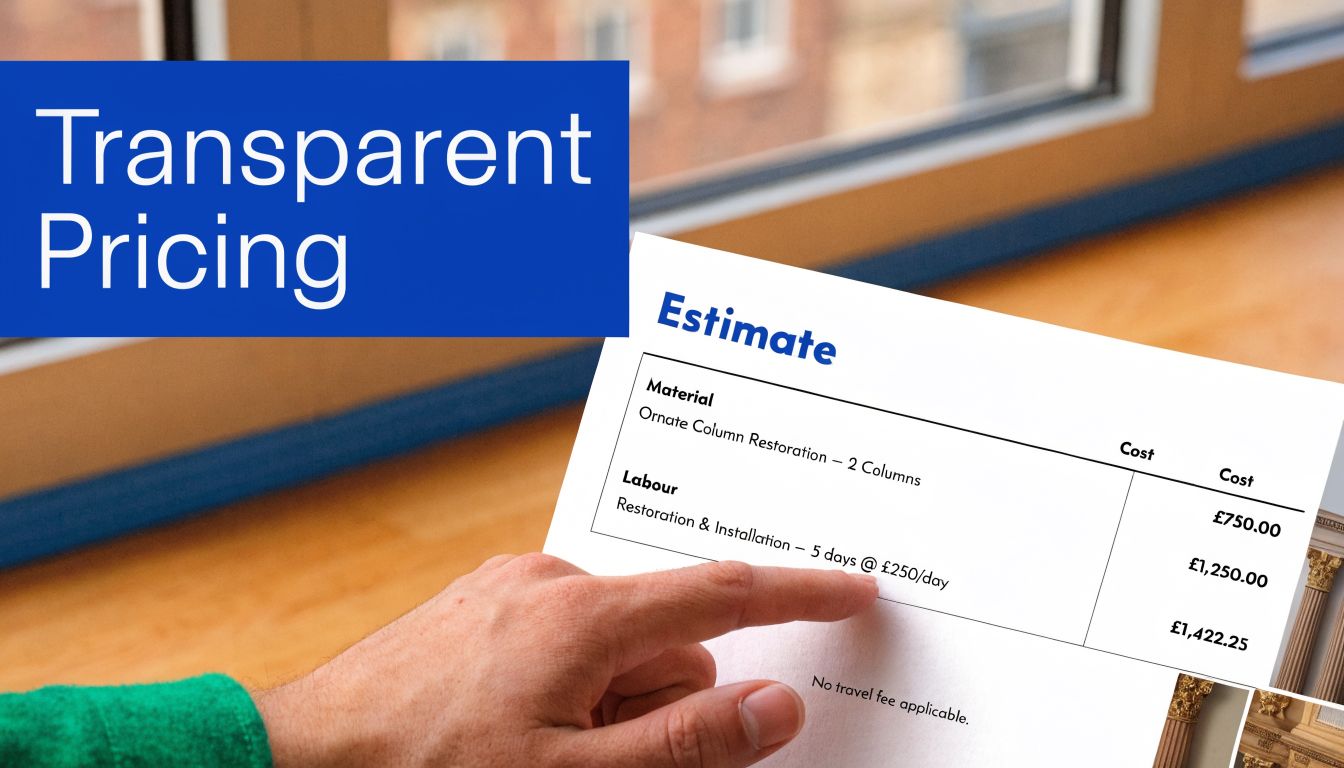 A hand pointing at a printed estimate document detailing costs for architectural column restoration and labor.