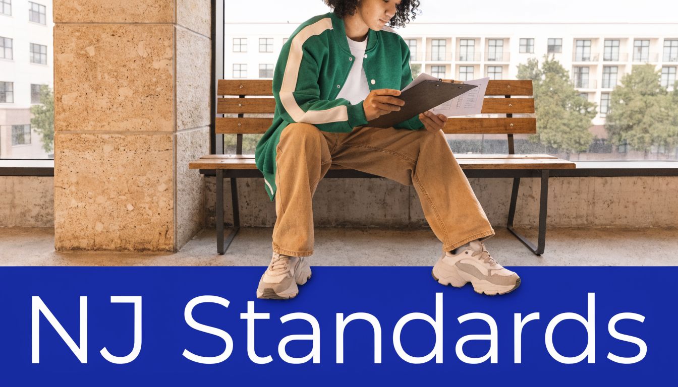 A young student sitting on a wooden bench reviewing documents, representing New Jersey educational standards compliance.