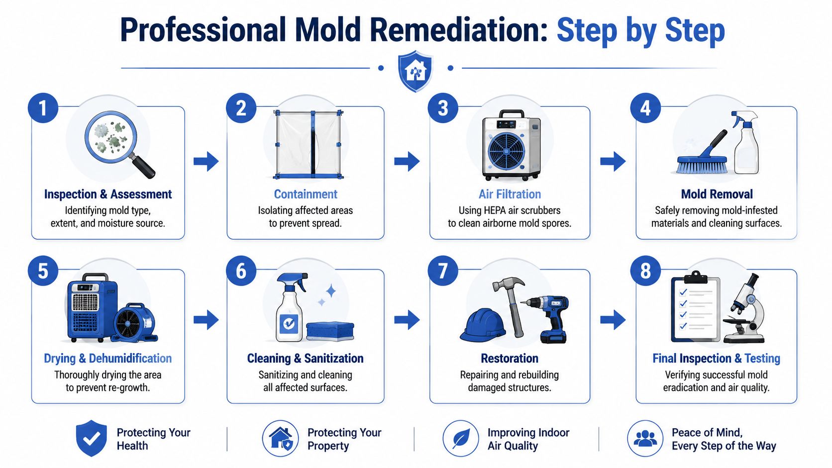 An infographic detailing the eight steps of a professional mold remediation process for residential or commercial properties.