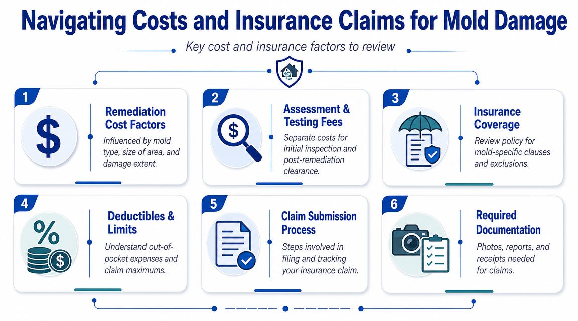An infographic detailing six essential steps for navigating costs and insurance claims regarding home mold damage.