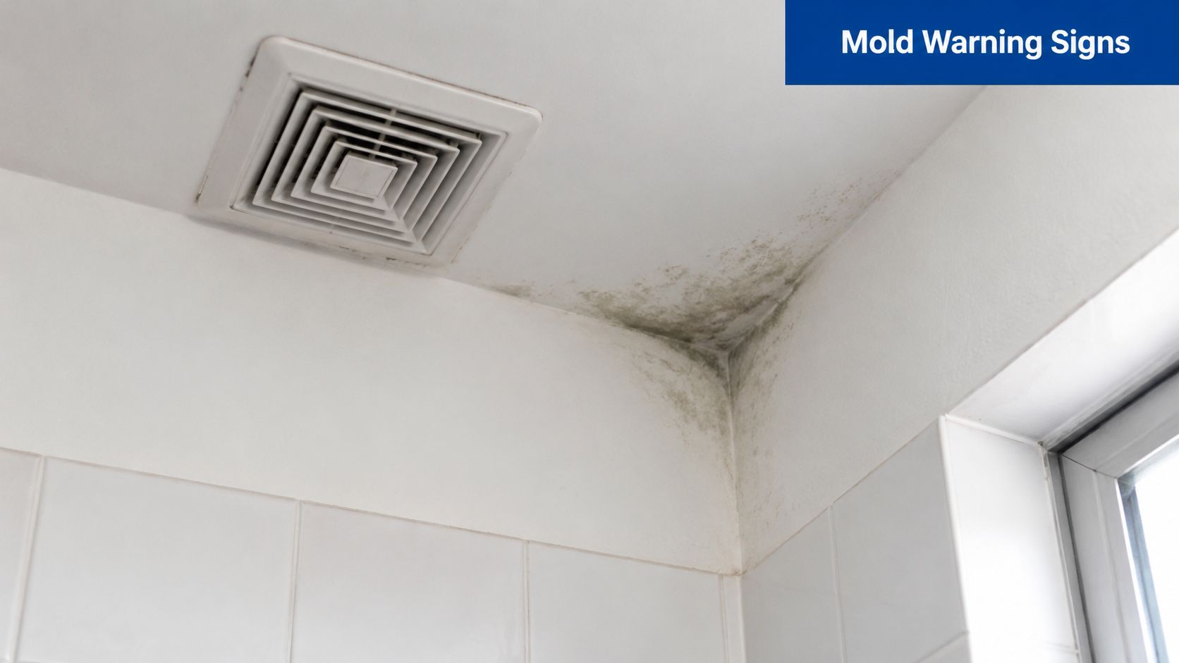A close up view of a bathroom ceiling corner showing dark water damage and mold growth.