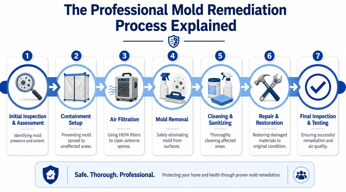 A seven-step infographic showing the professional mold remediation process from initial inspection to final testing.