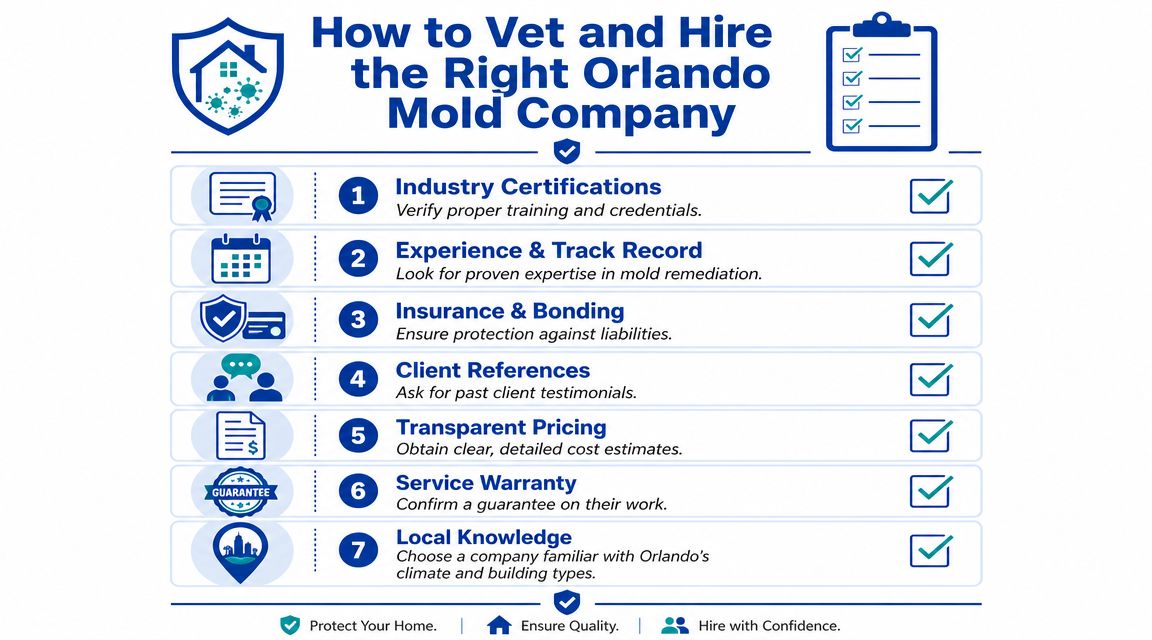A checklist infographic outlining seven essential steps for vetting and hiring a professional mold remediation company.