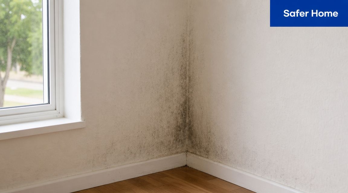 A corner of an indoor room shows significant black mold growth along the wall and baseboards.