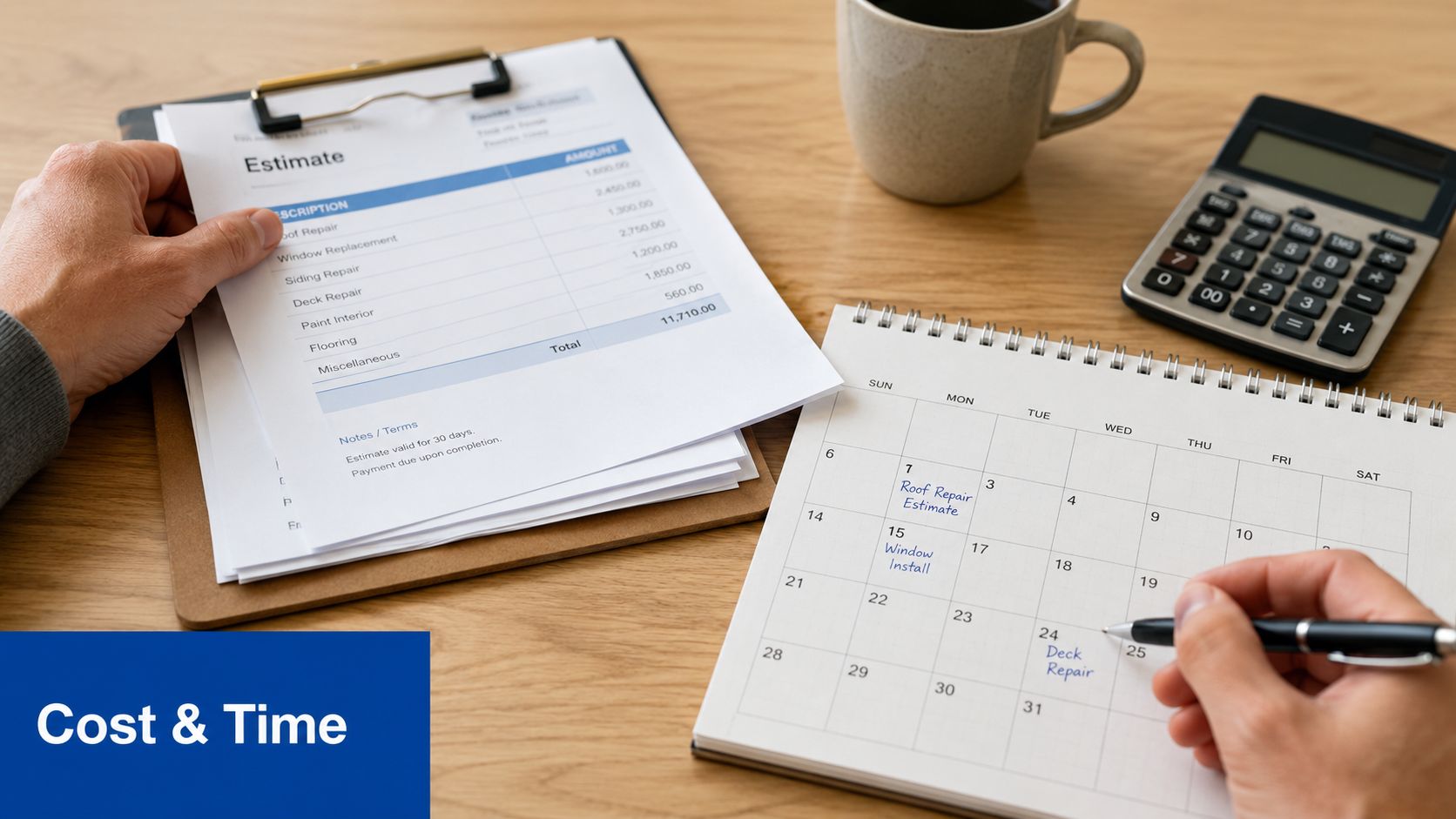 A person reviewing a home improvement cost estimate and scheduling repair tasks on a monthly wall calendar.
