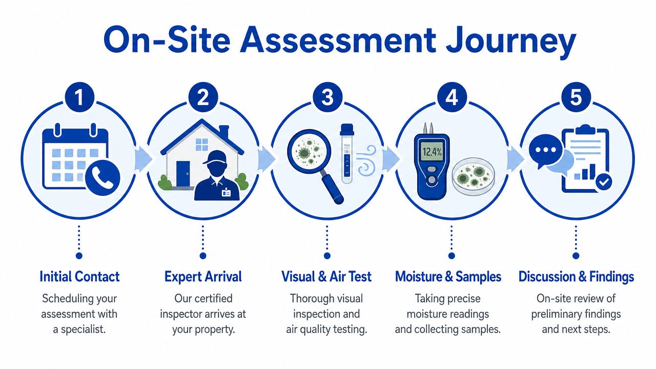 A five-step infographic illustrating the professional on-site assessment process for mold remediation and property inspection.