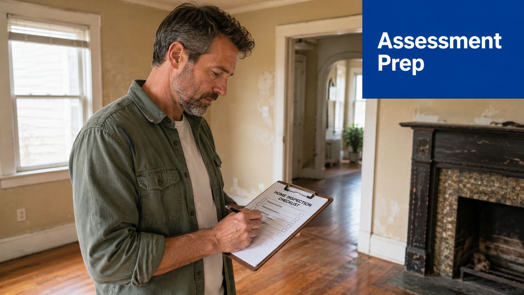 A home inspector examining an old house interior while filling out a home inspection checklist clipboard.