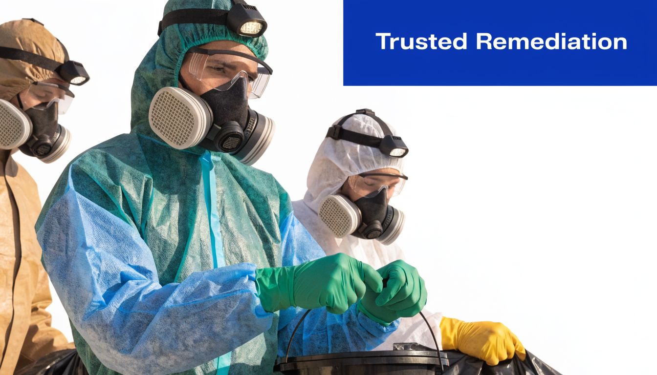 Three professional remediation specialists in full protective hazmat suits working carefully on a cleanup task.