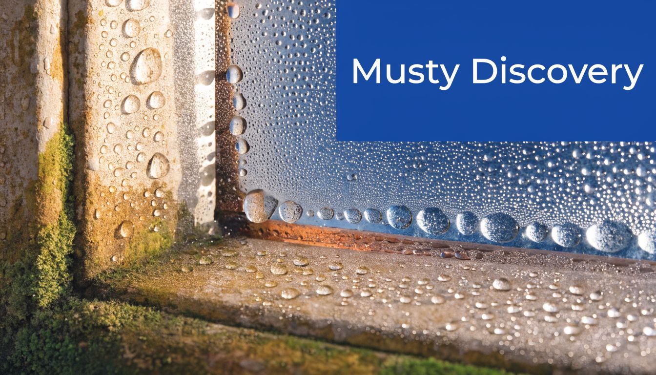 Close-up of a damp, mossy window frame with visible water condensation drops on the glass pane.
