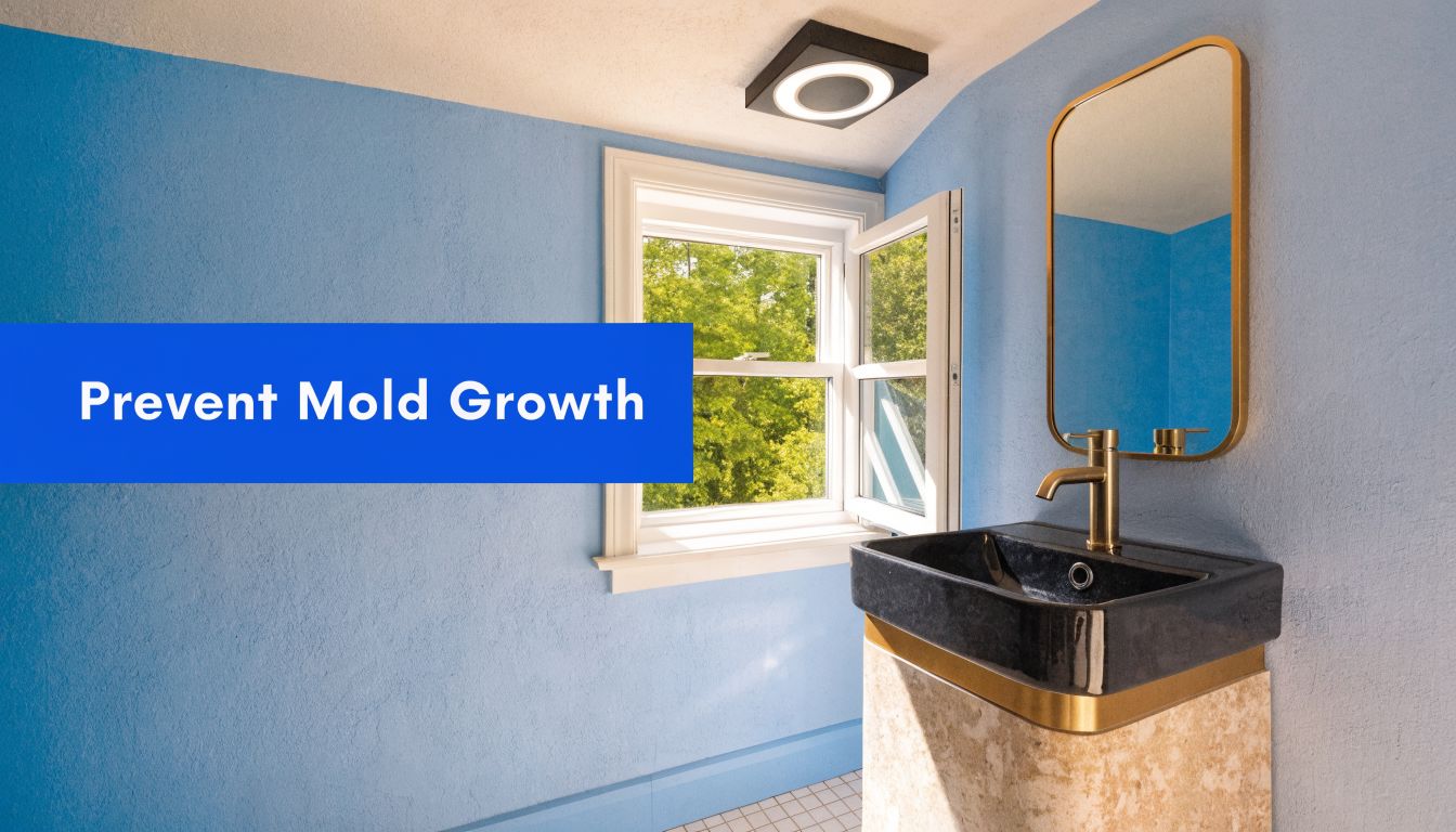 A modern bathroom interior featuring a sink, mirror, and open window with the text Prevent Mold Growth.