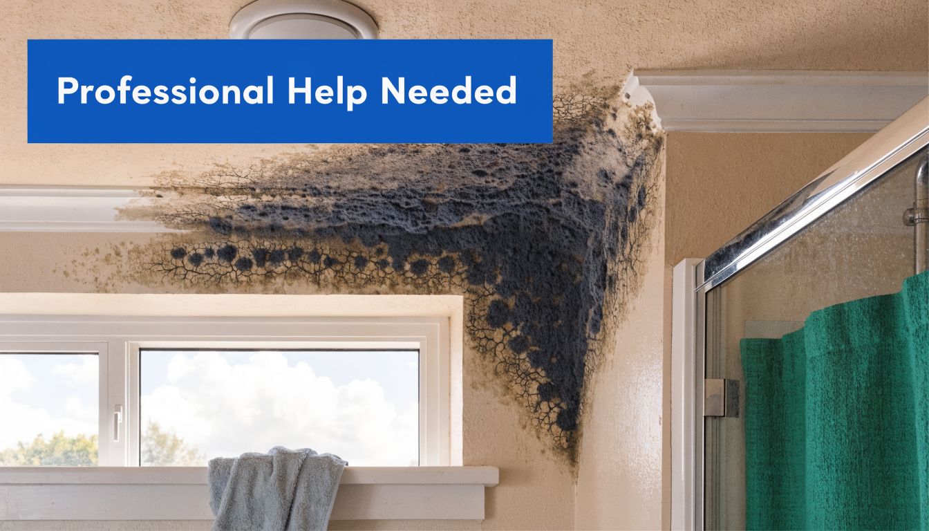 A bathroom corner showing severe black mold damage on the wall and ceiling, needing professional repair services.