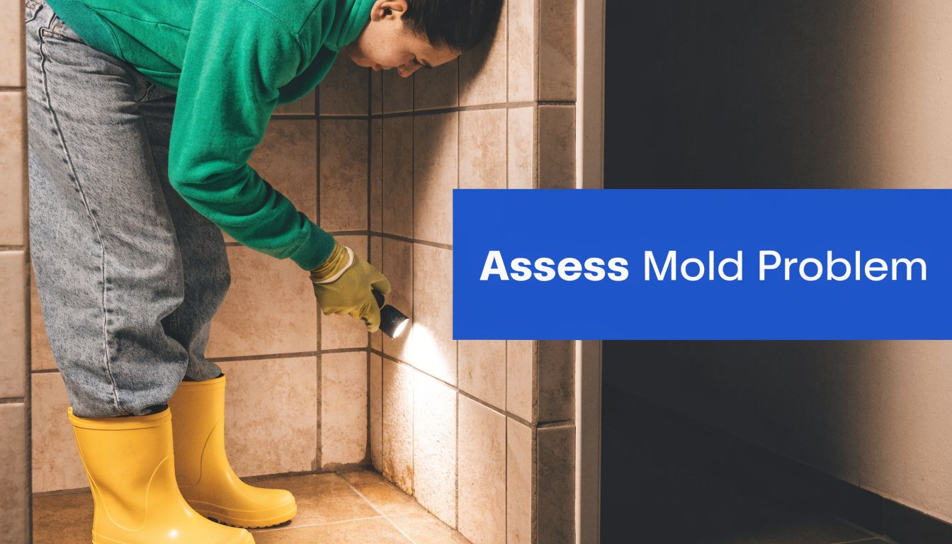 A person in yellow boots and a green sweater uses a flashlight to inspect bathroom wall tiles.