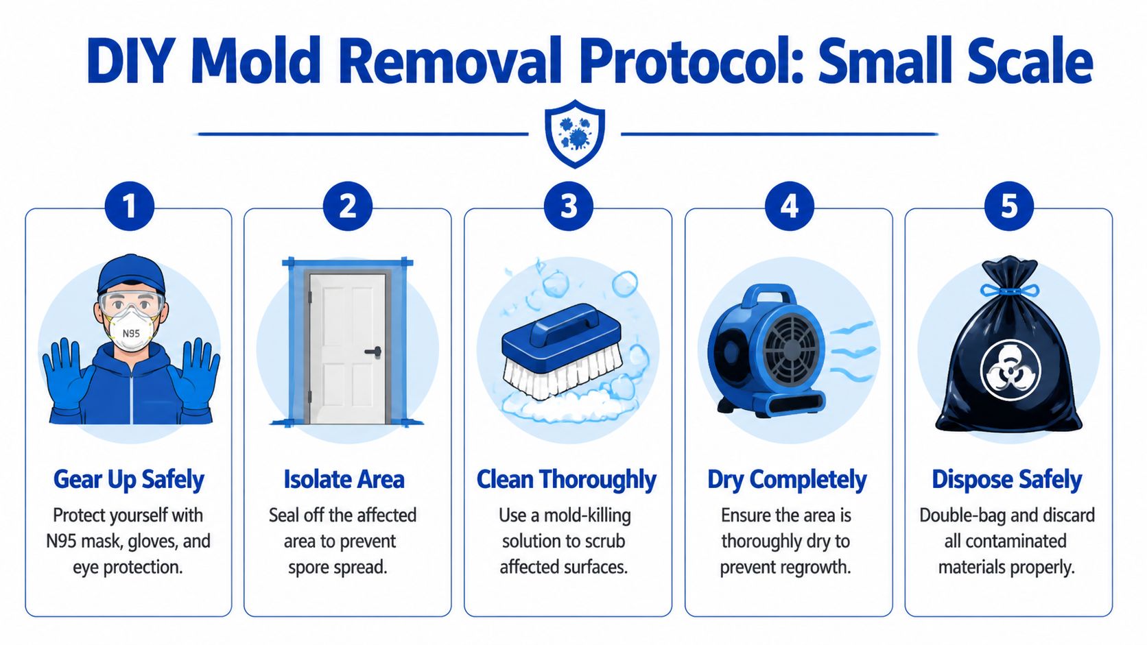 A five-step infographic showing a DIY mold removal protocol including safety gear, containment, cleaning, drying, and disposal.