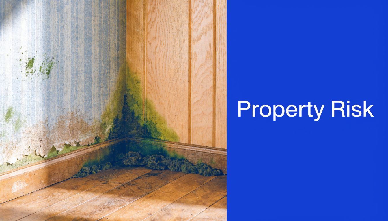 A corner of a room featuring significant green mold growth and water damage on the walls and flooring.