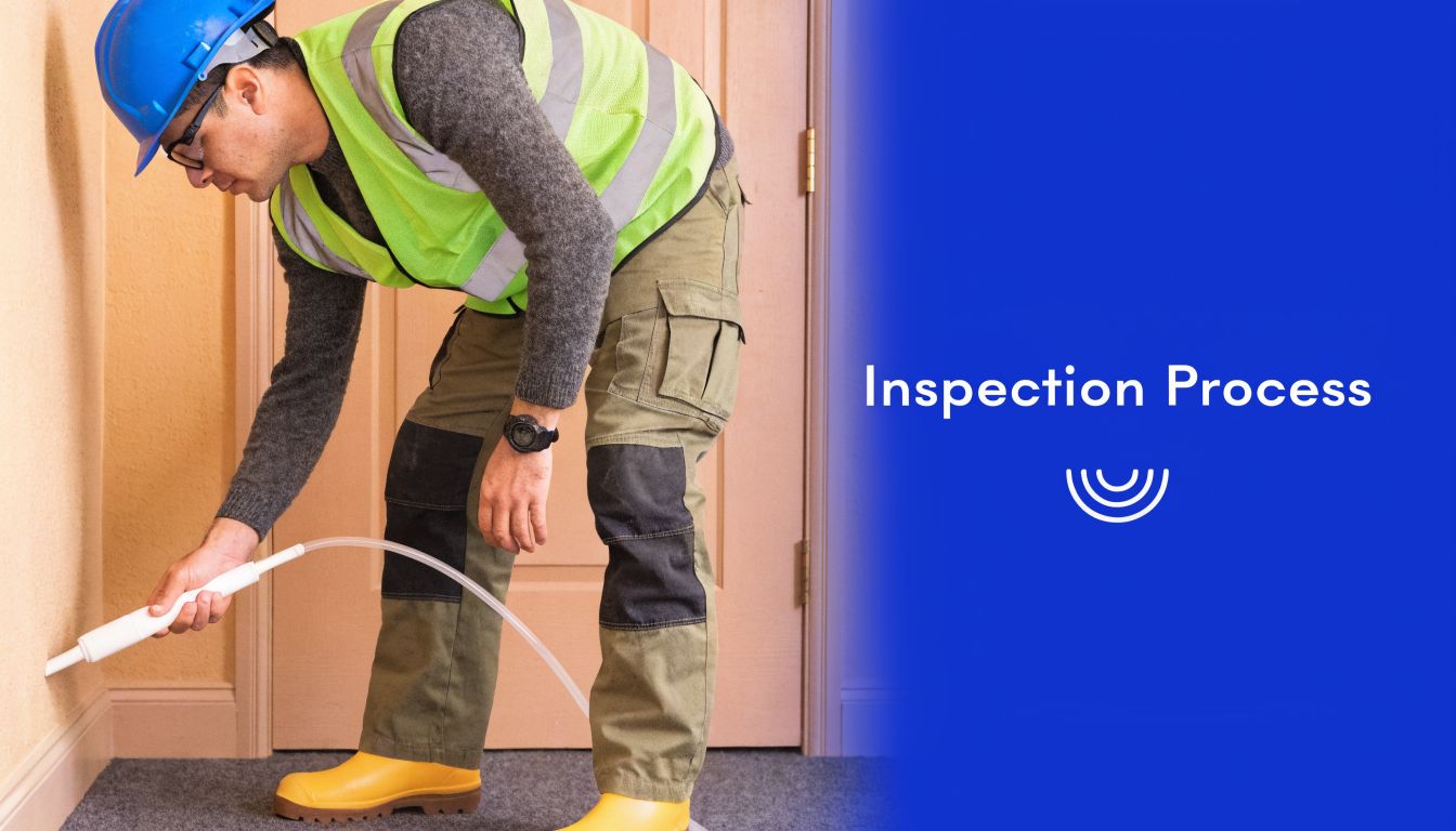A professional inspector in protective gear checking for mold behind a wall using specialized testing equipment.