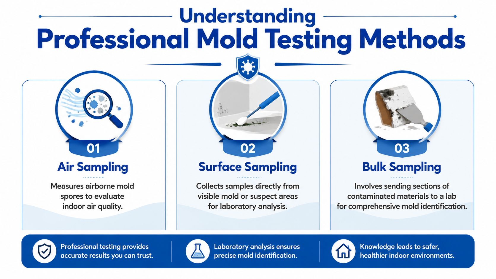 An infographic showing three professional mold testing methods: air sampling, surface sampling, and bulk sampling for inspection.