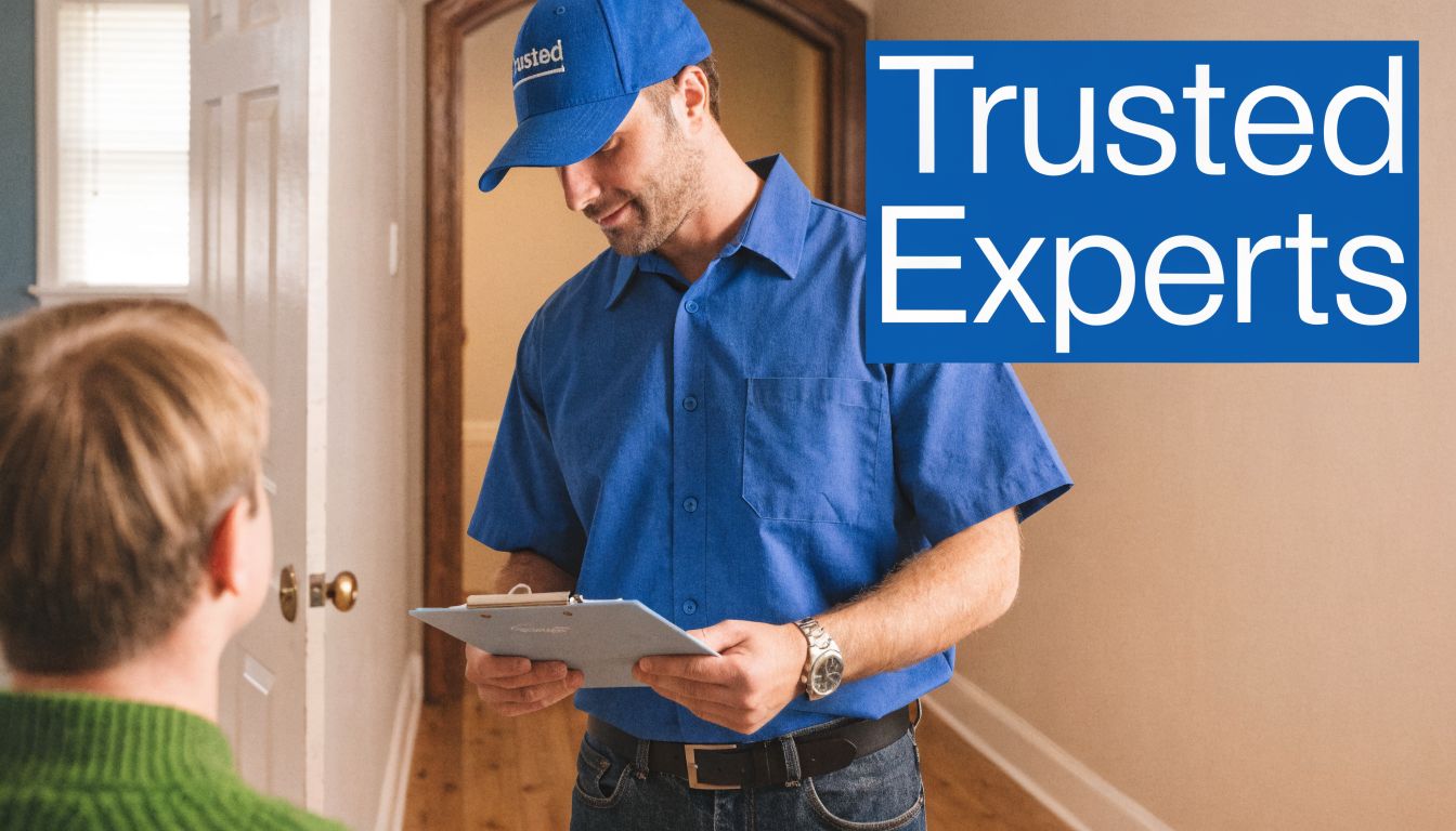 A professional service technician in a blue uniform holds a clipboard while speaking with a homeowner indoors.