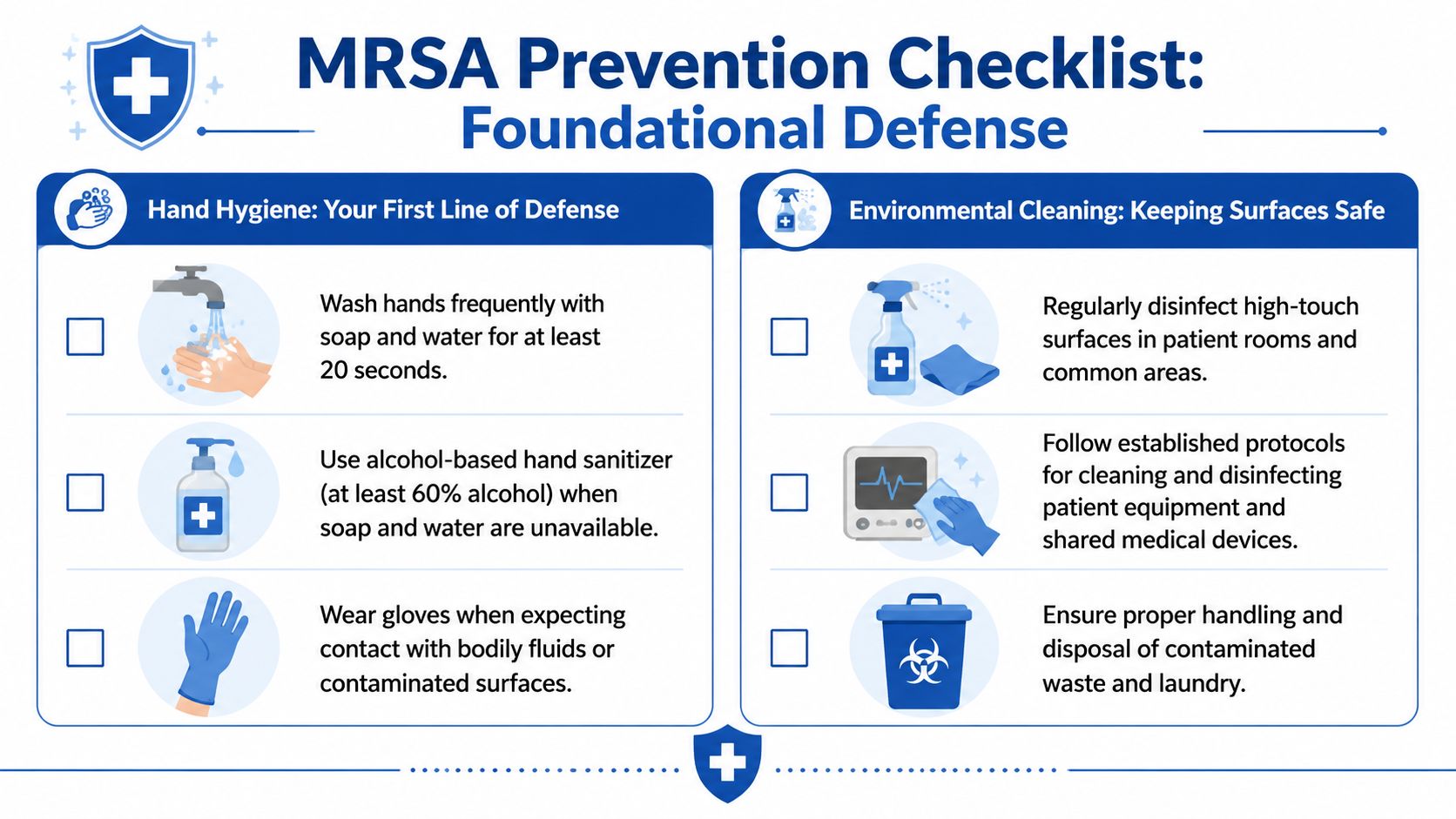 A MRSA prevention checklist showing guidelines for hand hygiene and environmental cleaning in a healthcare setting.