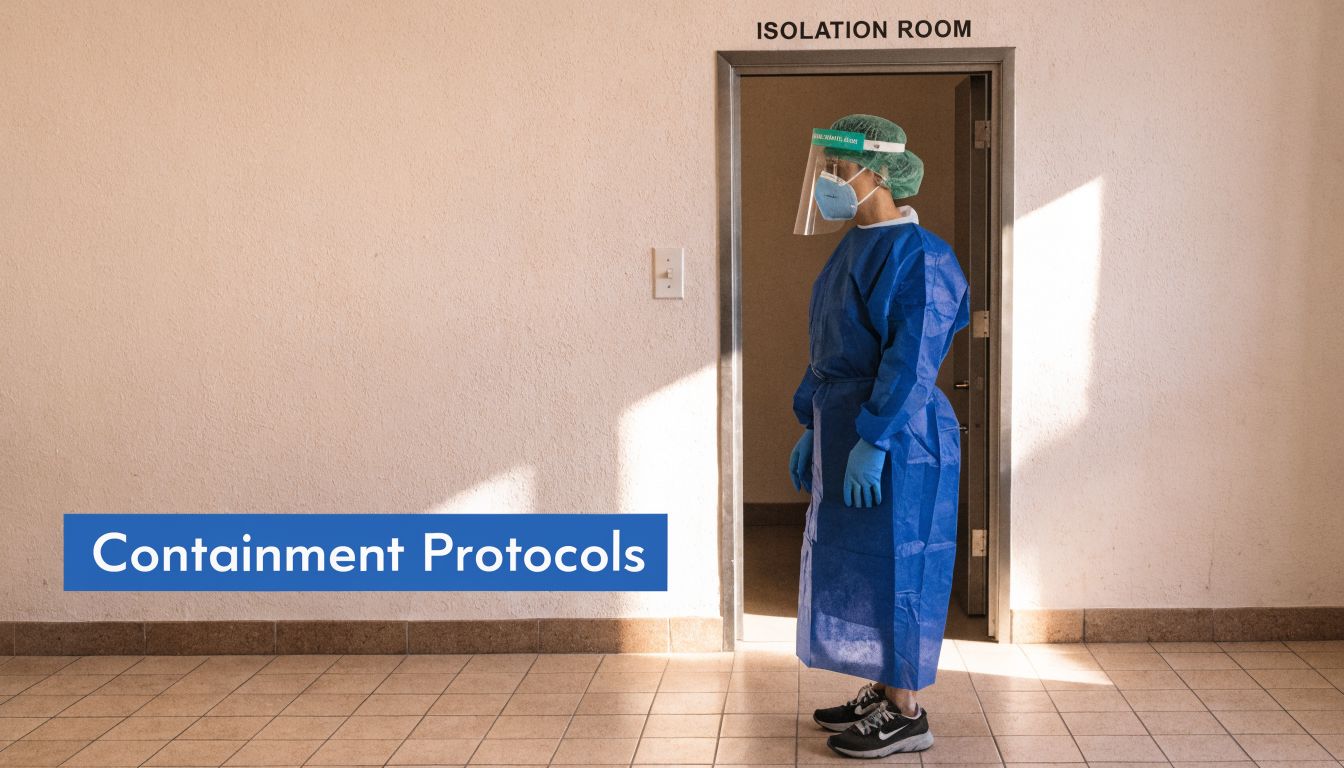 Healthcare worker wearing full protective gear stands outside an isolation room in a hospital setting.