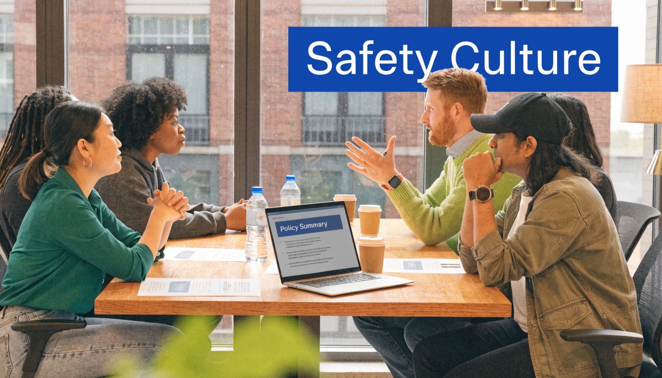 A diverse group of professionals collaborating in a meeting while discussing safety culture in the workplace.