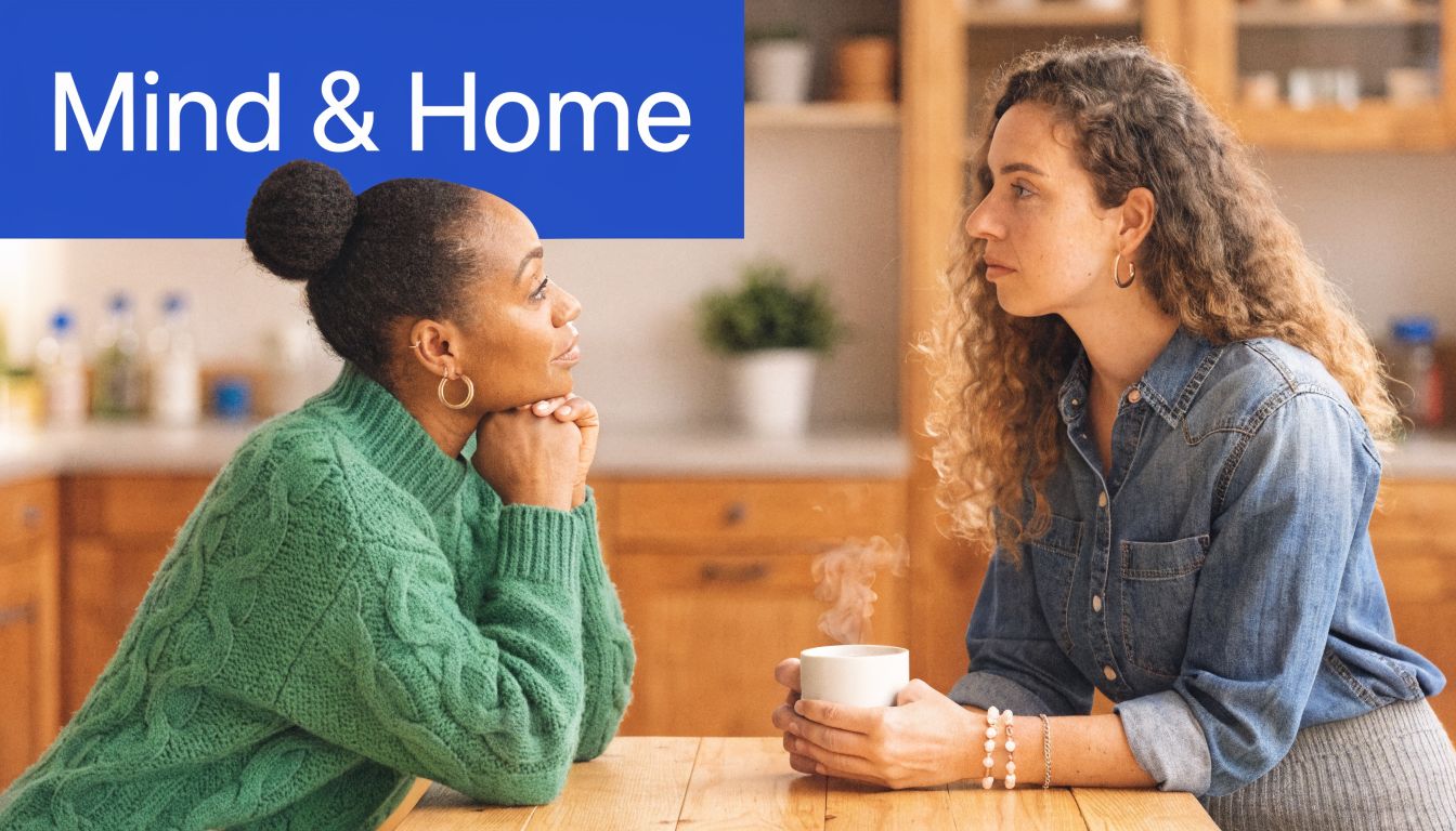 Two women sitting at a table in a cozy kitchen having a serious conversation while drinking coffee.
