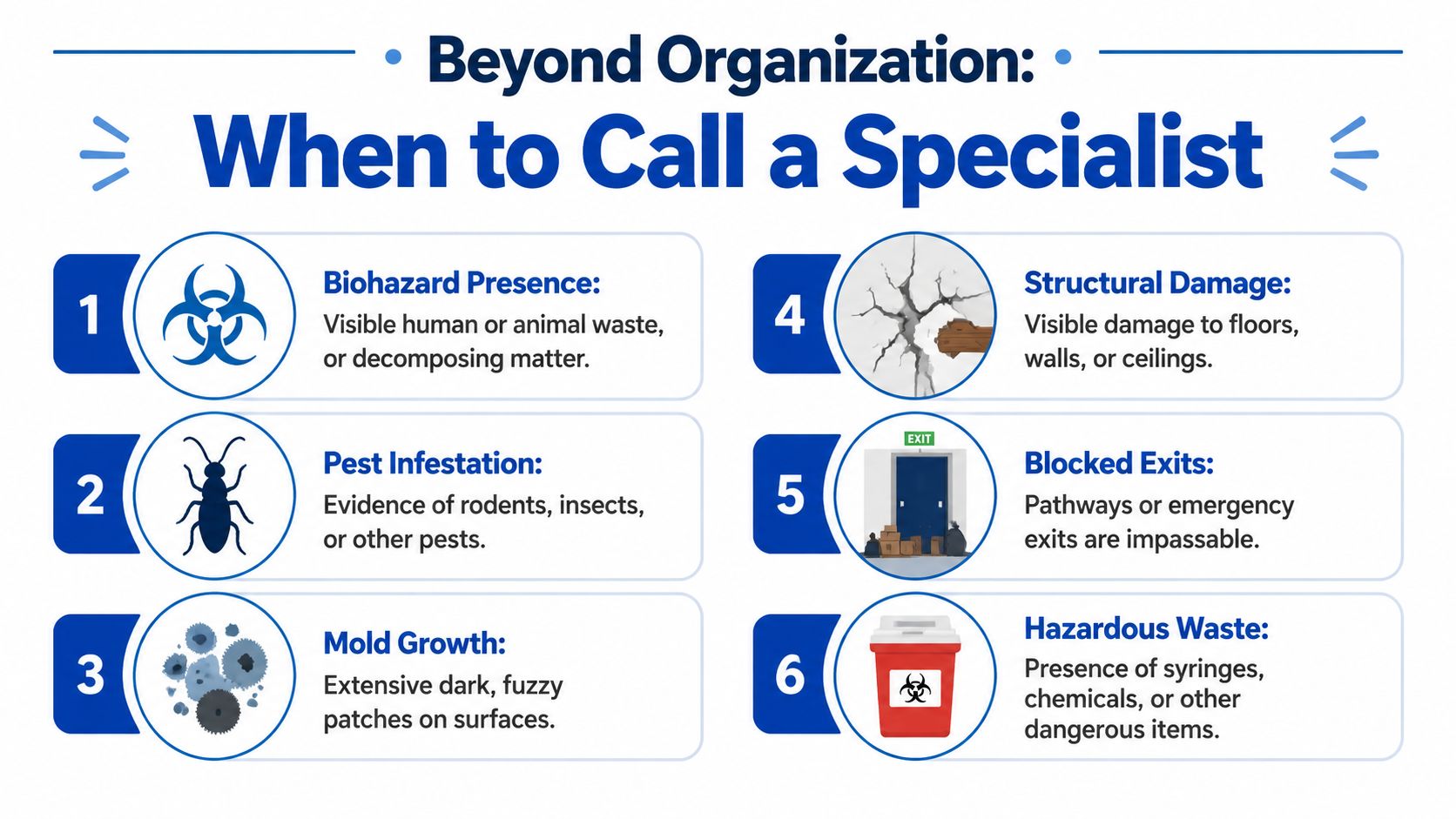 An infographic detailing six emergency situations when a professional organizer should call a specialist for help.
