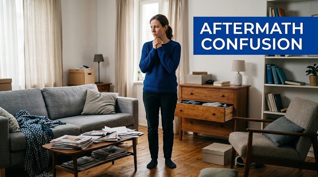 A distressed woman stands in a living room that looks messy, reflecting the aftermath of a search.