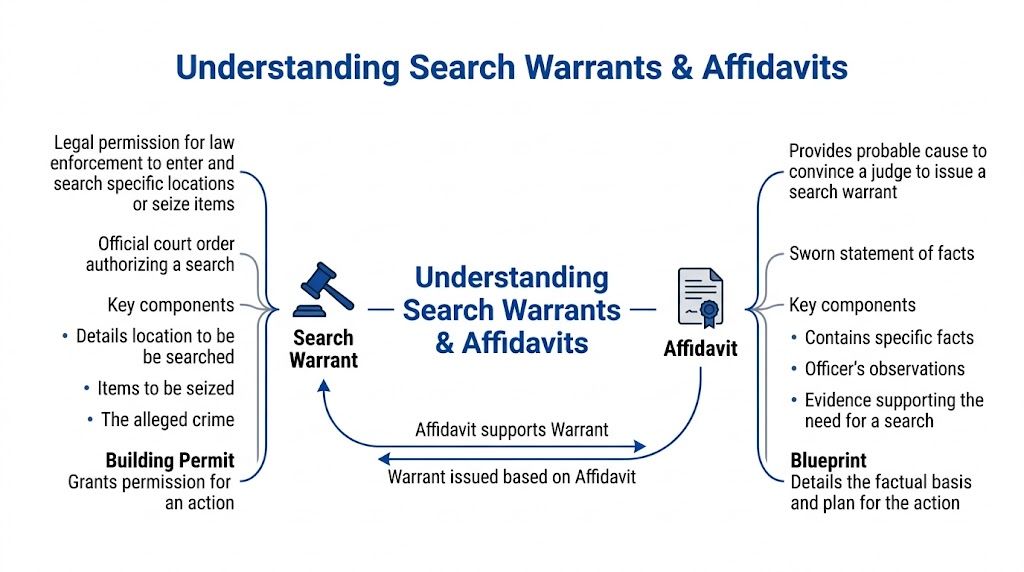 A diagram explaining the relationship and key components of search warrants and legal affidavits.