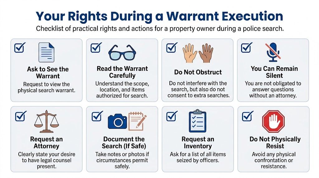 An infographic titled Your Rights During a Warrant Execution, listing eight essential steps for property owners during police searches.